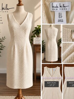 Nicole Miller New York Ivory Textured V Neck Sheath Dress Size 4